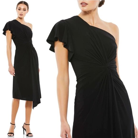MAC DUGGAL One-Shoulder Jersey Midi Dress in Black Size US 4 NWT - Picture 1 of 10